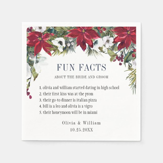 Elegant Watercolor Poinsettia FUN FACTS Wedding Napkins (Front)