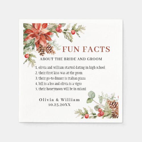 Elegant Watercolor Poinsettia FUN FACTS Wedding Napkins