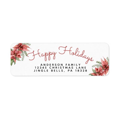 Elegant Watercolor Poinsettia Happy Holidays Name Label