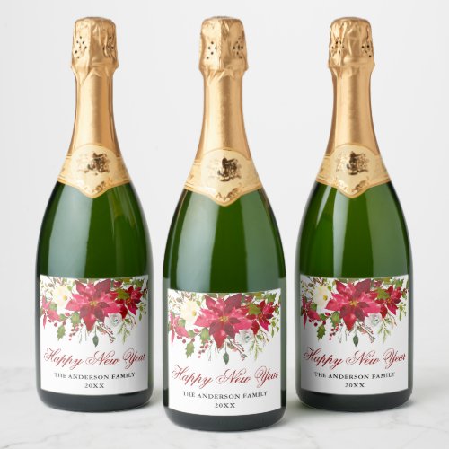 Elegant Watercolor Poinsettia Happy New Year Sparkling Wine Label