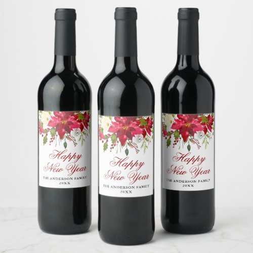 Elegant Watercolor Poinsettia Happy New Year Wine Label