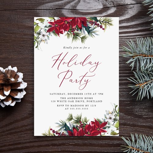 Elegant Watercolor Poinsettia Holiday Party Invitation