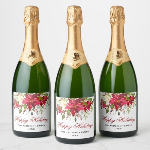 Elegant Watercolor Poinsettia Holiday Sparkling Wine Label