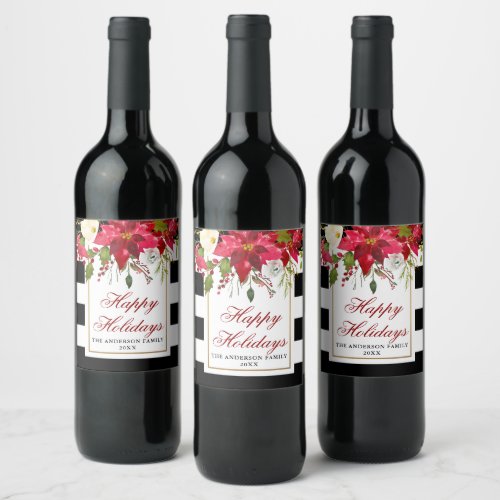 Elegant Watercolor Poinsettia Holiday Striped Wine Label