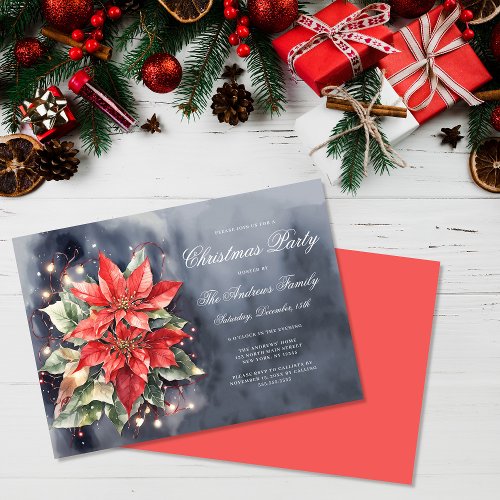 Elegant Watercolor Poinsettia Lights Christmas Invitation