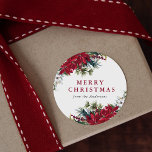 Elegant Watercolor Poinsettia Merry Christmas Classic Round Sticker<br><div class="desc">Add a personalized touch to your holiday envelopes and gift wrapping with our Elegant Watercolor Poinsettia holiday stickers. The stickers feature the words "Merry Christmas" in red text with your name below. Bouquets of watercolor poinsettia flowers, white flowers, pine needles, and holly adorn the corners. The poinsettia stickers are perfect...</div>