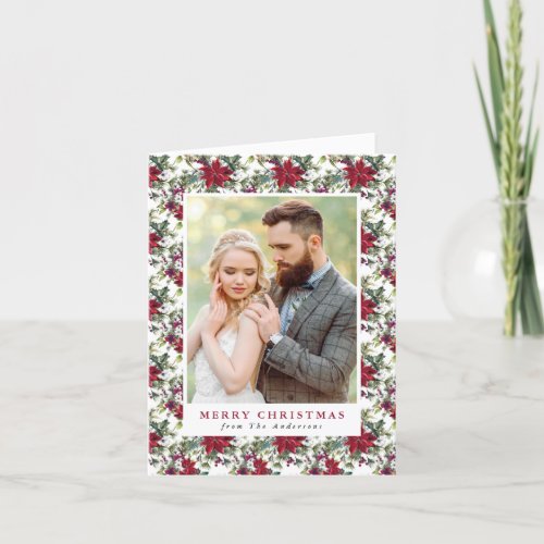 Elegant Watercolor Poinsettia Pattern Photo Holiday Card