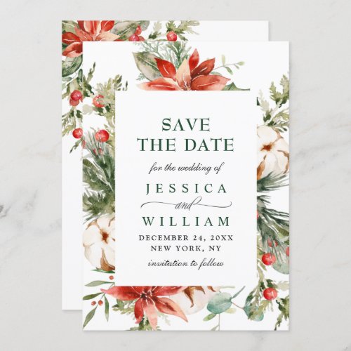 Elegant Watercolor Poinsettia Pine Branch Wedding  Save The Date