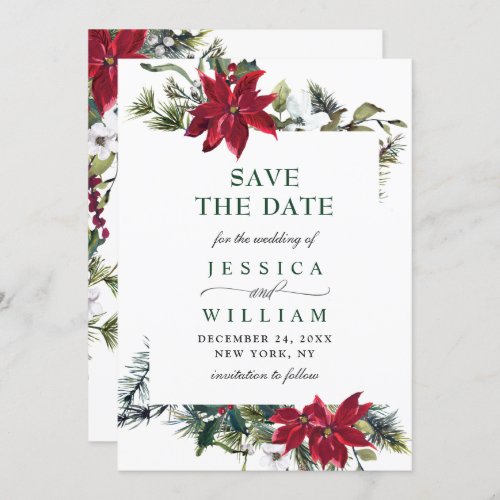 Elegant Watercolor Poinsettia Pine Branch Wedding Save The Date