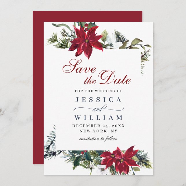 Elegant Watercolor Poinsettia Pine Branch Wedding Save The Date (Front/Back)
