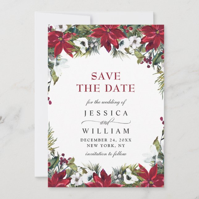 Elegant Watercolor Poinsettia Pine Branch Wedding Save The Date (Front)