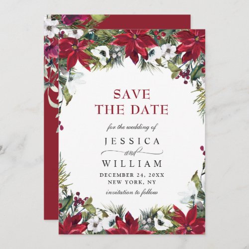 Elegant Watercolor Poinsettia Pine Branch Wedding Save The Date