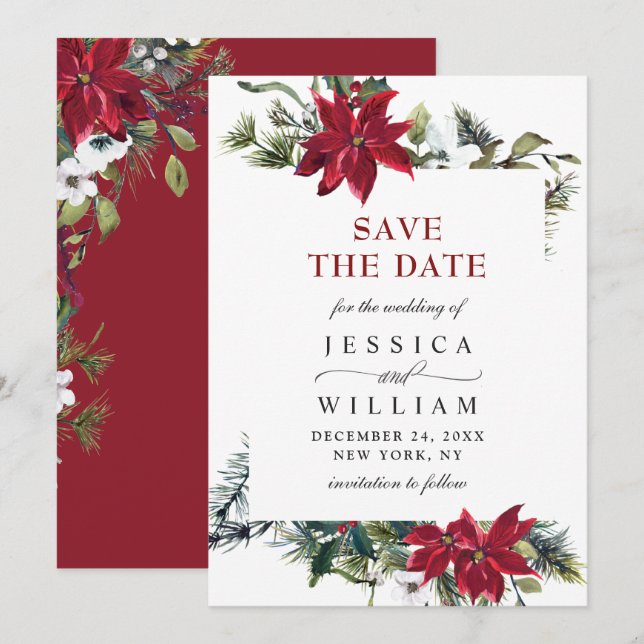 Elegant Watercolor Poinsettia Pine Branch Wedding Save The Date (Front/Back)