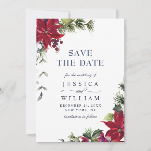 Elegant Watercolor Poinsettia Pine Branch Wedding Save The Date