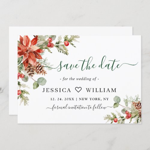 Elegant Watercolor Poinsettia Pine Branch Wedding Save The Date