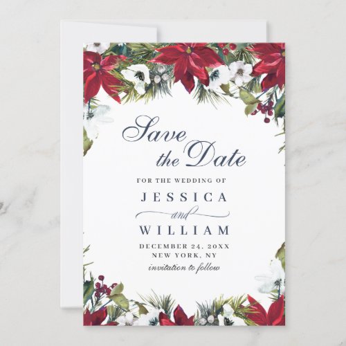 Elegant Watercolor Poinsettia Pine Branch Wedding  Save The Date