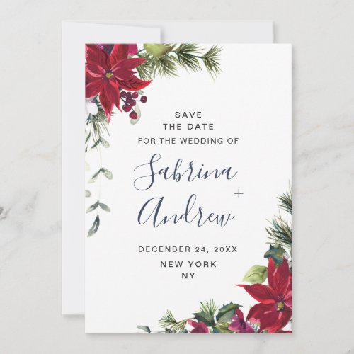 Elegant Watercolor Poinsettia Pine Branch Wedding Save The Date