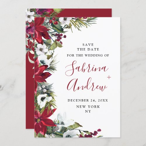 Elegant Watercolor Poinsettia Pine Branch Wedding Save The Date