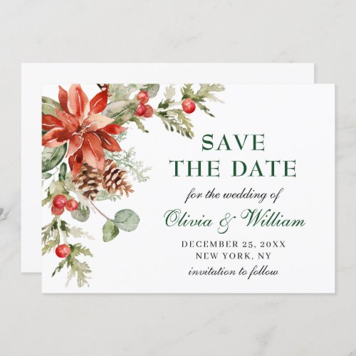 Elegant Watercolor Poinsettia Pine Branch Wedding Save The Date