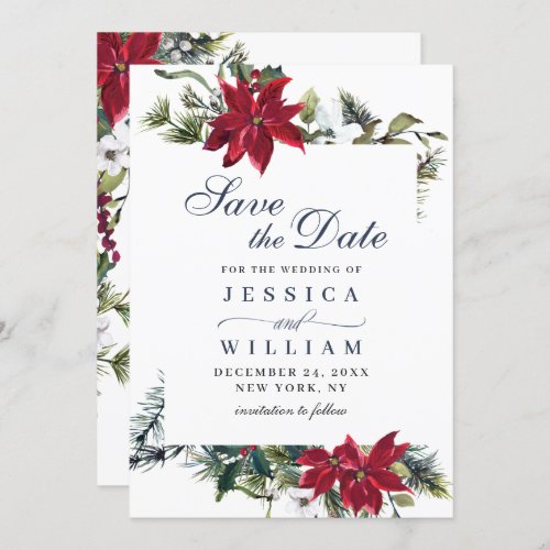 Elegant Watercolor Poinsettia Pine Branch Wedding Save The Date