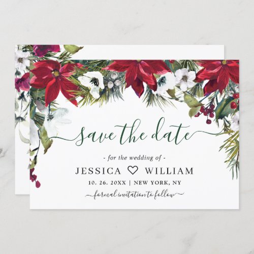 Elegant Watercolor Poinsettia Pine Branch Wedding Save The Date