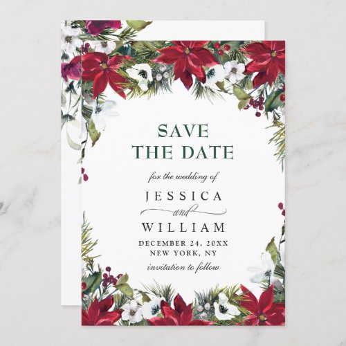 Elegant Watercolor Poinsettia Pine Branch Wedding Save The Date