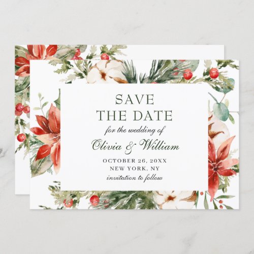 Elegant Watercolor Poinsettia Pine Branch Wedding Save The Date