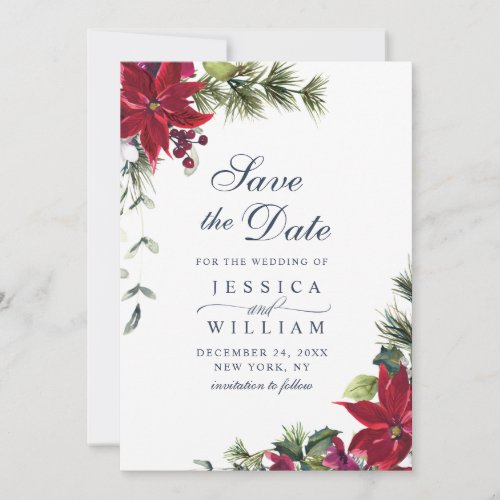 Elegant Watercolor Poinsettia Pine Branch Wedding Save The Date