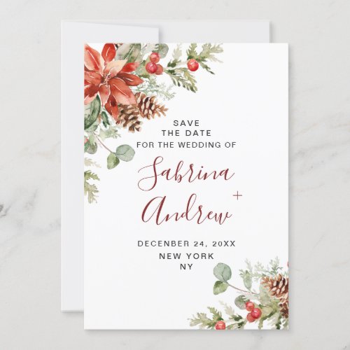 Elegant Watercolor Poinsettia Pine Branch Wedding Save The Date