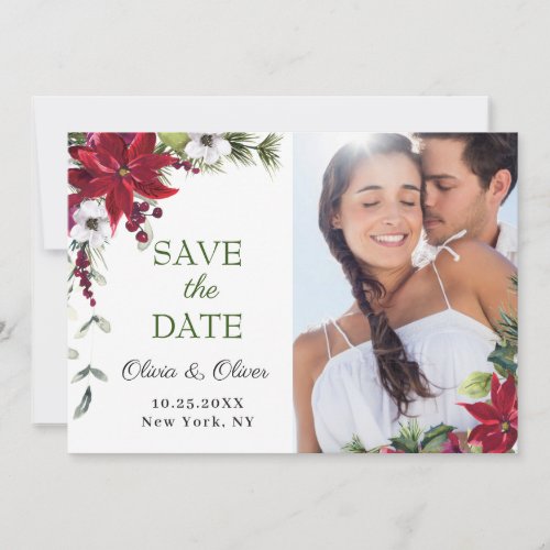 Elegant Watercolor Poinsettia Pine PHOTO Wedding Save The Date