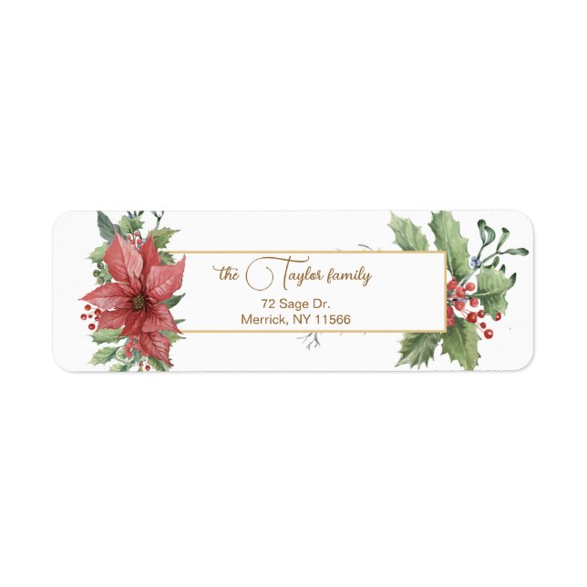 Elegant Watercolor Poinsettias & Holly Label (Front)