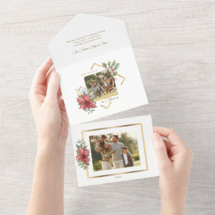 Elegant Watercolor Poinsettias w/Gold Frame Photo All In One Invitation