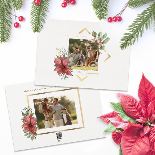 Elegant Watercolor Poinsettias wGold Frame Photo Foil Holiday Card