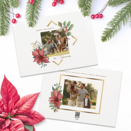Elegant Watercolor Poinsettias wGold Frame Photo Holiday Card