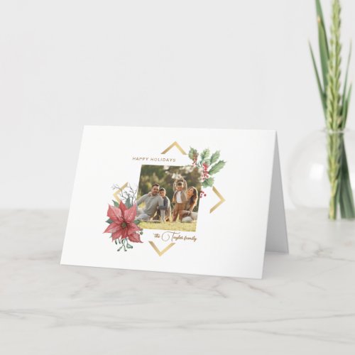 Elegant Watercolor Poinsettias wGold Frame Photo Holiday Card