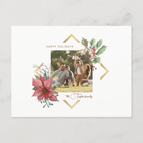 Elegant Watercolor Poinsettias wGold Frame Photo Holiday Postcard