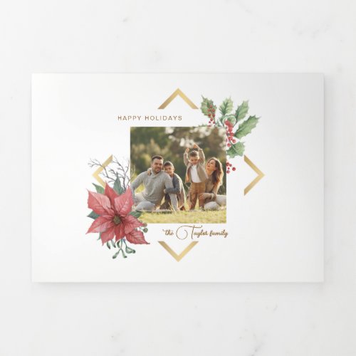 Elegant Watercolor Poinsettias wGold Frame Photo Tri_Fold Holiday Card