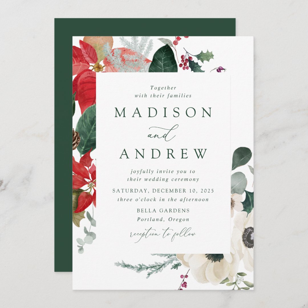 Elegant Watercolor Poinsettias Winter Wedding Invitation | Zazzle