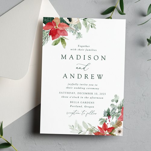 Elegant Watercolor Poinsettias Winter Wedding Invitation