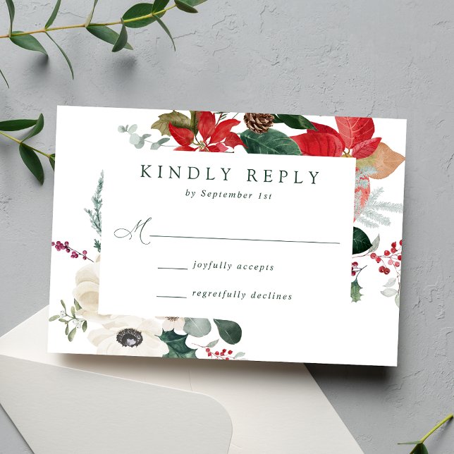 Elegant Watercolor Poinsettias Winter Wedding RSVP Card (Creator Uploaded)