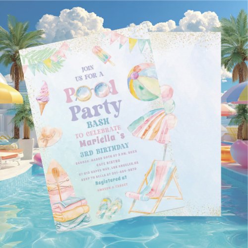 Elegant  Watercolor Pool Party  3rd Birthday  Girl Invitation