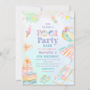 Elegant  Watercolor Pool Party  4th Birthday  Girl Invitation