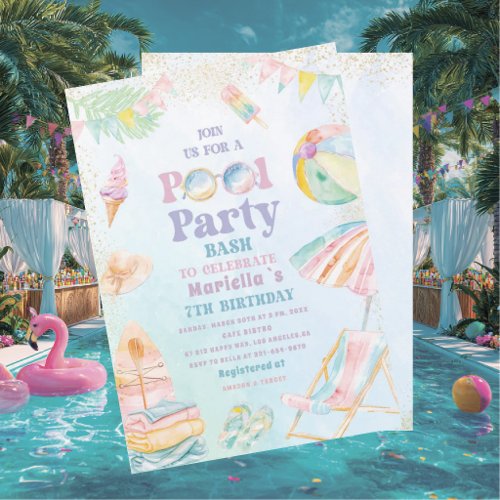 Elegant  Watercolor Pool Party  7th Birthday  Girl Invitation