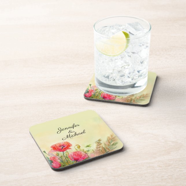 Elegant Watercolor Poppies  Beverage Coaster (Right Side)