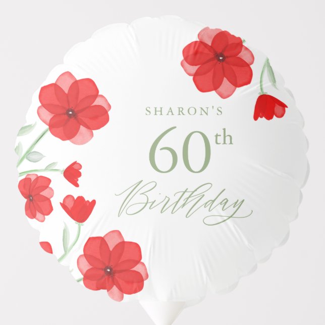 Elegant Watercolor Poppy Floral Pattern Birthday Balloon (Front)