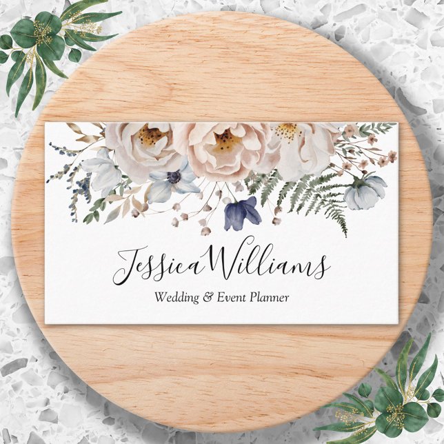 Elegant Watercolor Pretty Beige Blue Floral Business Card (In situ)