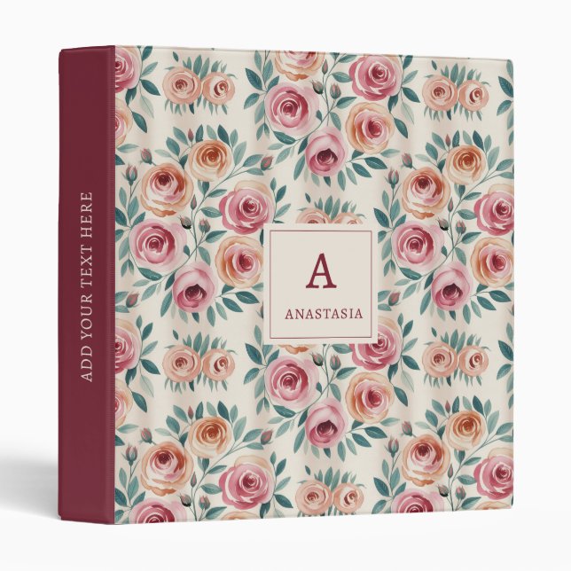 Elegant Watercolor Pretty Floral Monogram 3 Ring Binder (Front/Spine)
