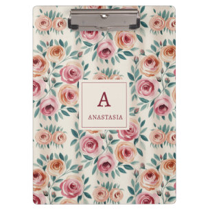 Elegant Watercolor Pretty Floral Monogram Clipboard