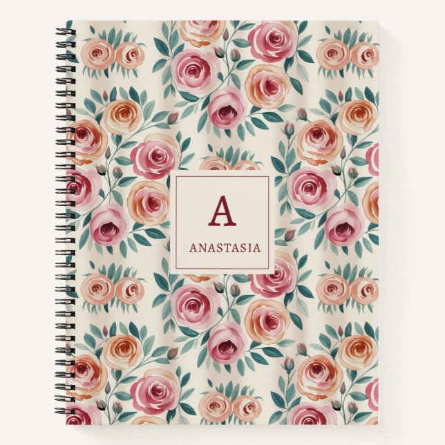 Elegant Watercolor Pretty Floral Monogram Notebook (Front)