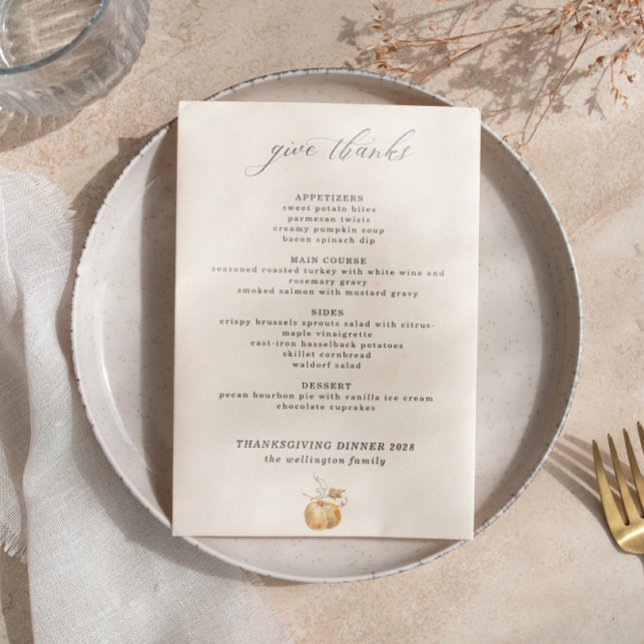 Elegant Watercolor Pumpkin Script Thanksgiving Menu (Creator Uploaded)